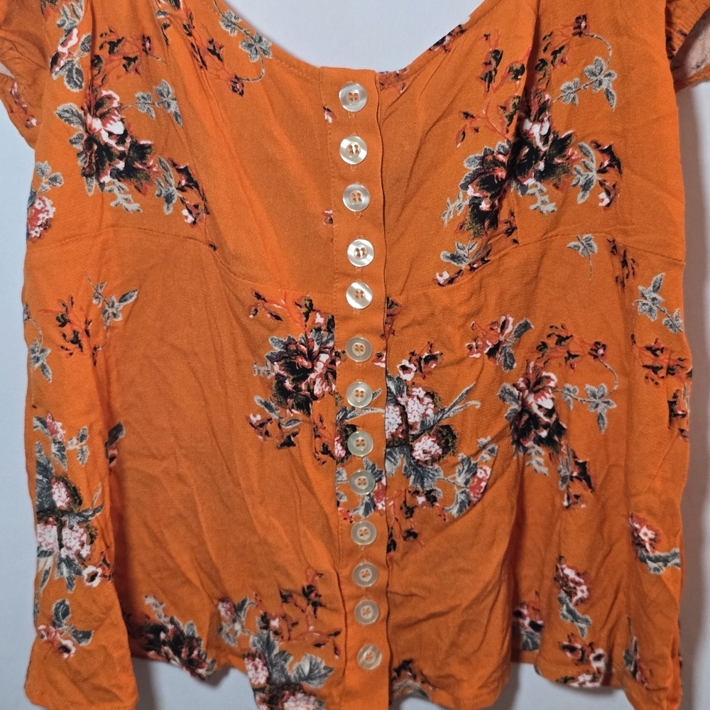 Free People Orange Floral Close To You Y2K Babydoll Short Sleeve Peaseant Top M - Picture 10 of 10